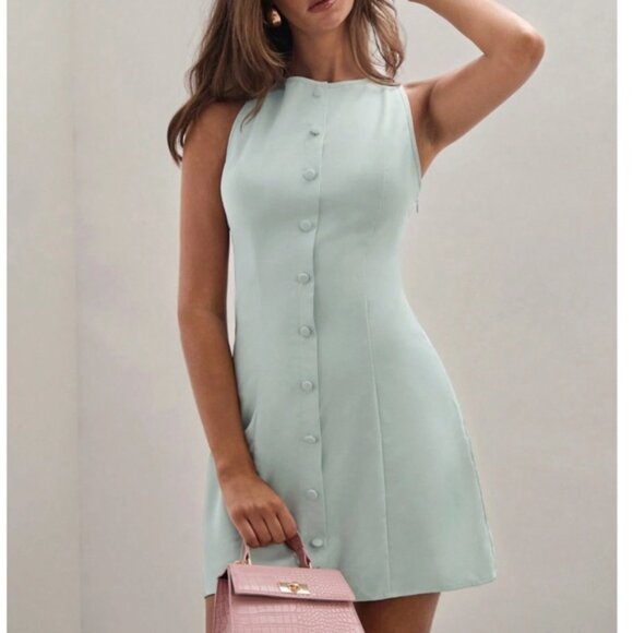 Mint Green Short Button Through Mini Dress Sleeveless - Picture 6 of 7